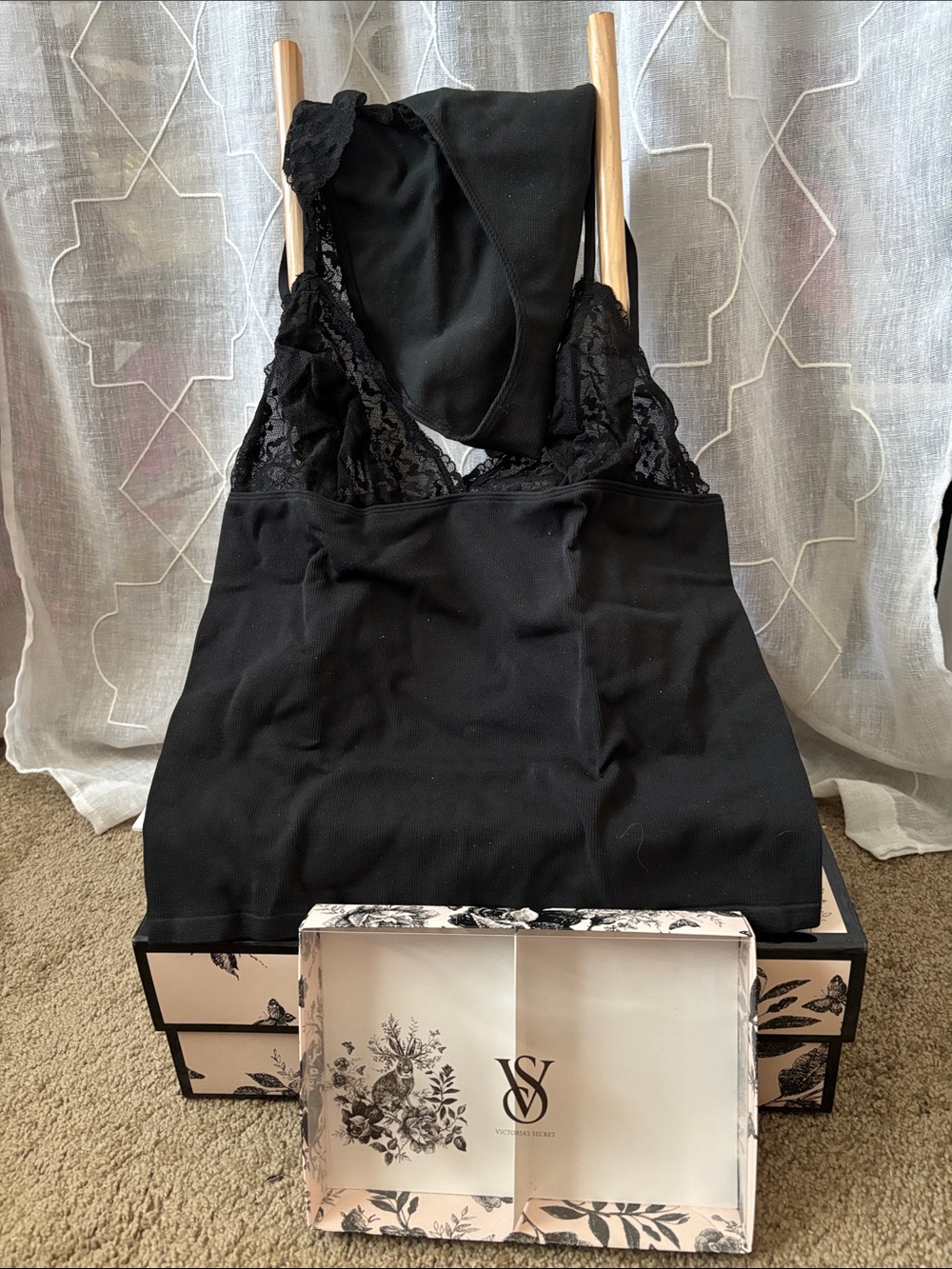 NEW Victoria's Secret Black Lace Chemise and Panty Set